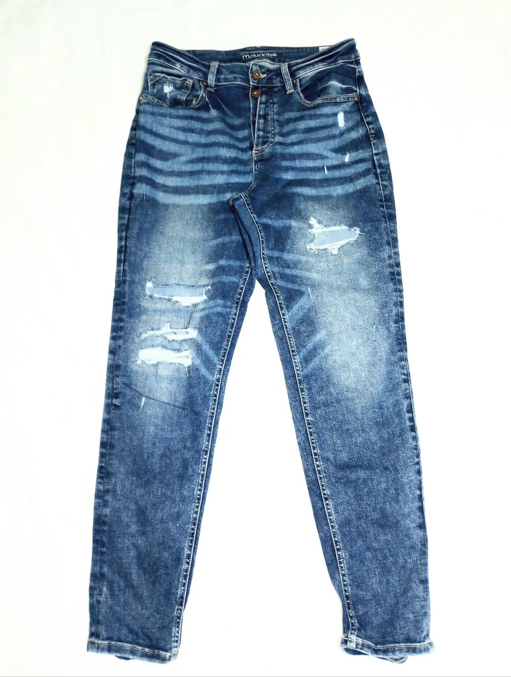 Distressed Mid Wash Skinny Denim Jeans High Rise 5 Pocket Festival Grunge Size 8